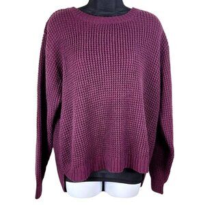 Zenana Burgundy Knit Sweater L Acrylic Long Sleeve Relaxed Fit Crew Neck Made In